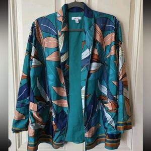 Nine West Teal Botanical Print Open-Front Blazer Missing Belt